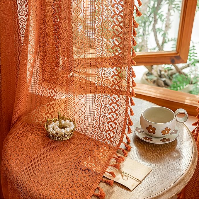 Sutuo Home Terracotta Boho Lace Curtains 2 Panels 84 Inches Long for Living Room&Bedroom, Burnt Orange Crochet Privacy Farmhouse Vintage Tassels Retro Halloween Window Sheer Curtains Rod Pocket,50" W