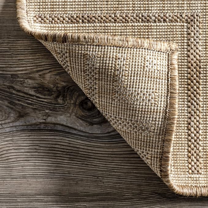 Nuloom Asha Light Brown/Ivory, 6'7" x 9', Casual, Striped Border, Soft and Cozy, High Traffic, Easy Clean, Durable Area Rug for Indoor/Outdoor Patio, Deck, Porch, Garden, Courtyard