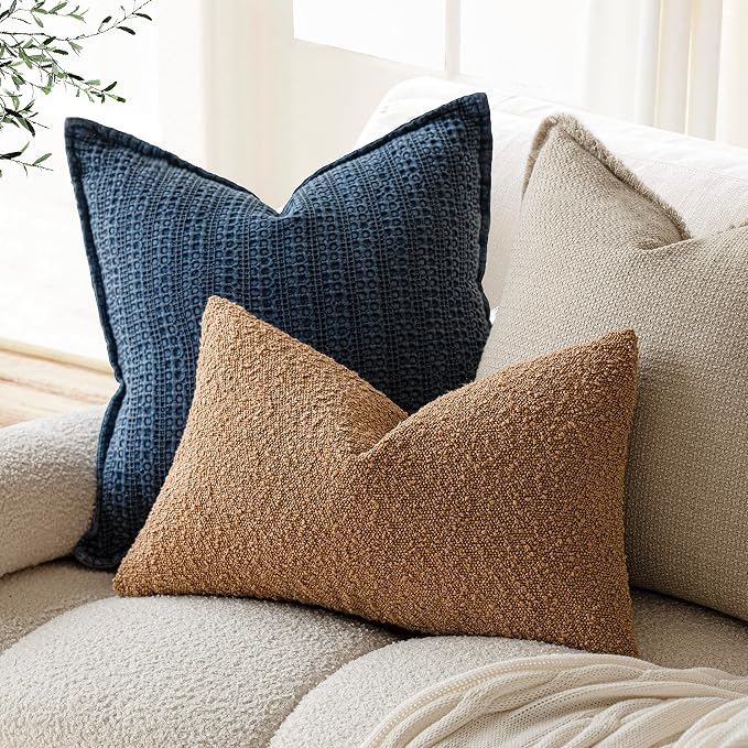 Foindtower Pack of 2 Textured Boucle Throw Pillow Covers Accent Solid Lumbar Pillow Cases Cozy Soft Decorative Couch Cushion Case for Chair Sofa Bedroom Living Room Home Decor, 12 x 20 Inch,Tobacco