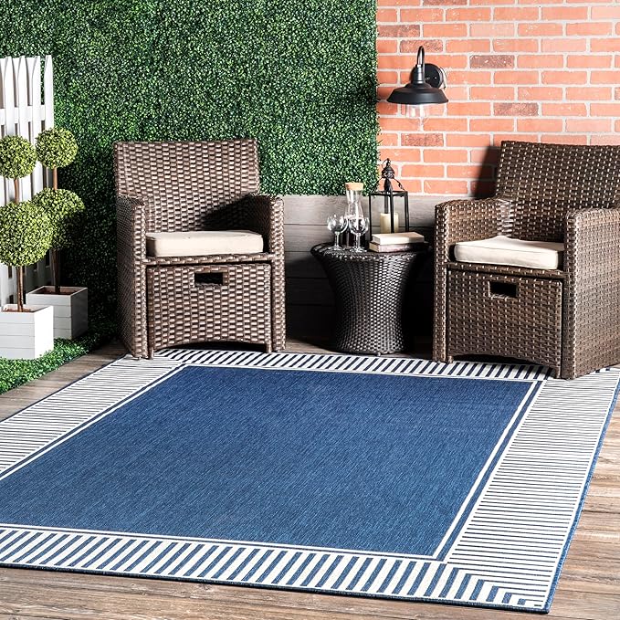Nuloom Asha Navy/Ivory, 2' x 3', Casual, Striped Border, Soft and Cozy, High Traffic, Easy Clean, Durable Area Rug for Indoor/Outdoor Patio, Deck, Porch, Garden, Courtyard