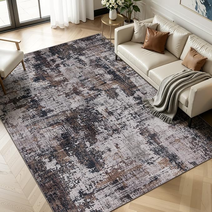 Sasttie 8x10 Soft Area Rug for Living Room, Modern Abstract Washable Large Carpet for Bedroom, with Non-Slip Backing, Black and Brown
