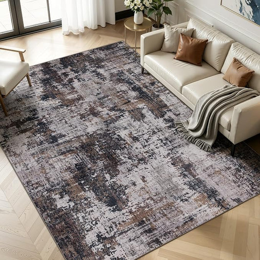 Sasttie 8x10 Soft Area Rug for Living Room, Modern Abstract Washable Large Carpet for Bedroom, with Non-Slip Backing, Black and Brown