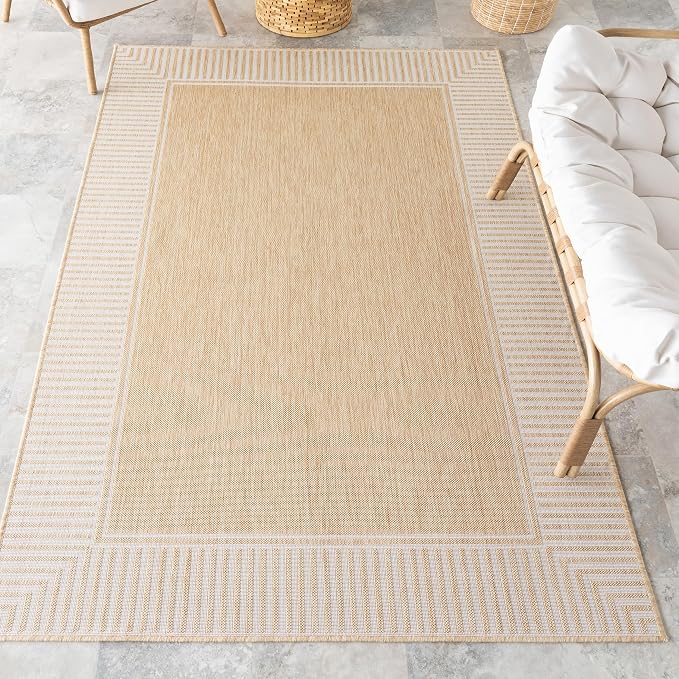 Nuloom Asha Tan/Ivory, 4' x 6', Casual, Striped Border, Soft and Cozy, High Traffic, Easy Clean, Durable Area Rug for Indoor/Outdoor Patio, Deck, Porch, Garden, Courtyard