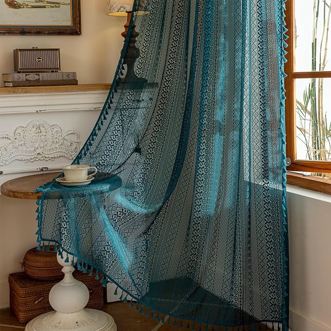 Sutuo Home Teal Boho Lace Curtains 72 inches long for Nursery Bedroom, Sheer Curtains Privacy Crochet Light Filtering Vintage Tassels Bohemian Strips Window Treatments Decor Rod Pocket, 2 Panels 50" W