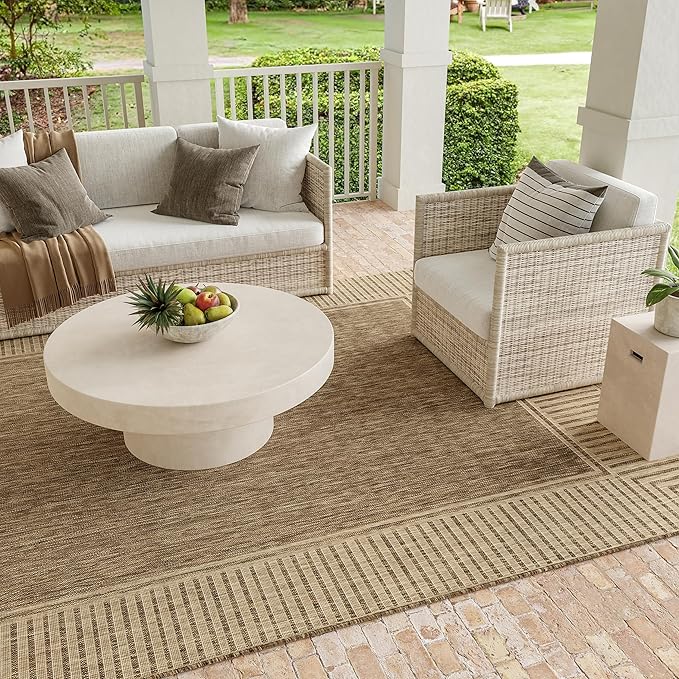 Nuloom Asha Light Brown/Ivory, 6'7" Round, Casual, Striped Border, Soft and Cozy, High Traffic, Easy Clean, Durable Area Rug for Indoor/Outdoor Patio, Deck, Porch, Garden, Courtyard