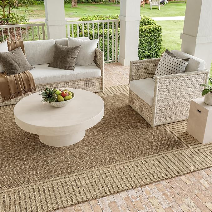 Nuloom Asha Light Brown/Ivory, 8' x 10', Casual, Striped Border, Soft and Cozy, High Traffic, Easy Clean, Durable Area Rug for Indoor/Outdoor Patio, Deck, Porch, Garden, Courtyard