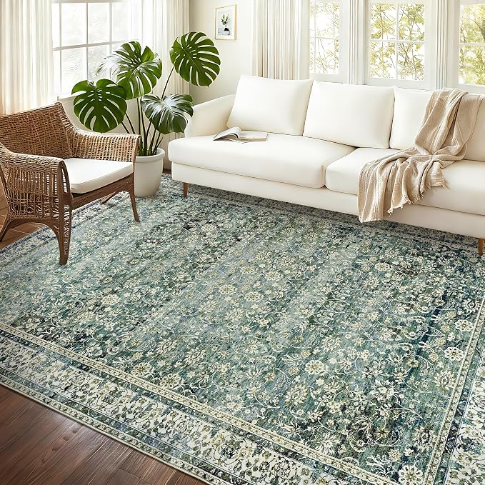 BILEEHOME Blue and Green 6x9 Area Rugs for Bedroom Low Pile Soft Moody Floral Rug with Non Slip Washable Boho Vintage Oriental Indoor Carpet for Living Room Dining Room,Hunter Forest Green/Teal