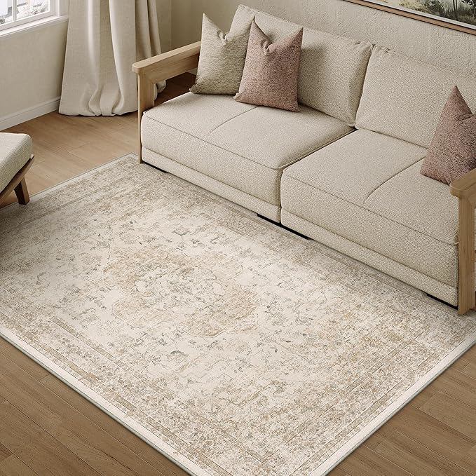 PureCozy Entryway Area Rug 3x4 Washable Beige Vintage Distressed Carpet Oriental Soft Thin Indoor Mat for Office Non Slip Low Pile Throw Rug for Kitchen Bathroom Bedroom Dining Living Room