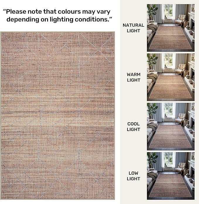 GLN Rugs Contemporary Collection - Machine Washable Area Rug, Contemporary Washable, Non Slip, Low Pile Chenille Rug, Living Room, Bedroom, Kitchen Rug (5'3" Round Terra/Brown)