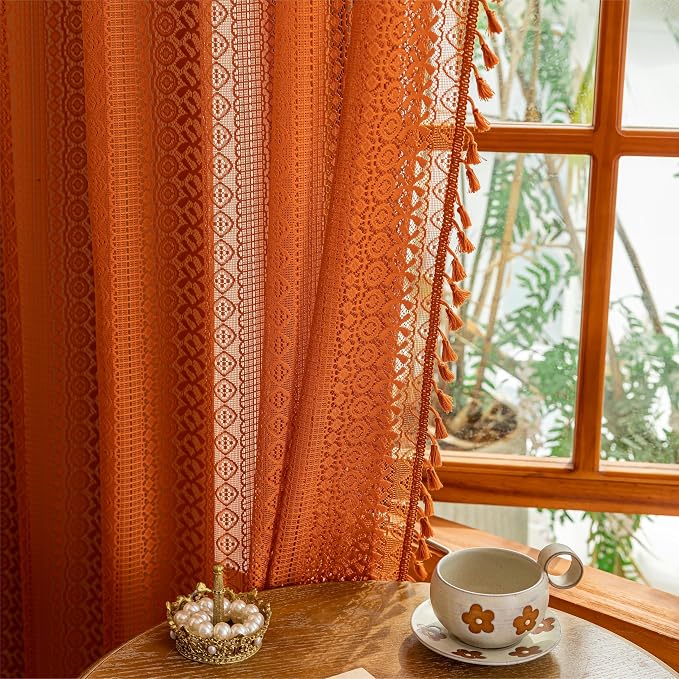 Sutuo Home Boho Sheer Curtains 63 Inch Length for Kitchen Nursery, Lace Curtains Burnt Orange Crochet Vintage Country Tassels Bohemian Privacy Rustic Geometry Rod Pocket, 2 Panels 50" x 63" Terracotta