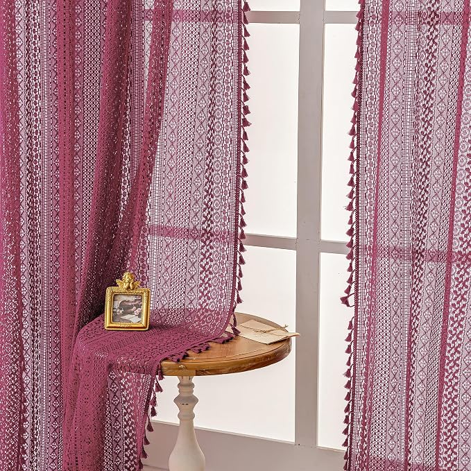 WAZZIO Boho Lace Curtains 84 Inches 2 Panel,Light Filtering Privacy Tassel & Geometry Crochet Semi Sheer Curtain Drapes for Bedroom Living Dining Room,Rod Pocket & Tassel,Burgundy Red