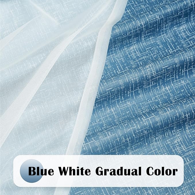 Ombre 100% Blackout Curtains 63 Inches Long 2 Panels for Bedroom Living Room Blue and White Double Layer Sheer Overlay Mix & Match Grommet Thermal Soundproof Drapes with Tiebacks, 52x63