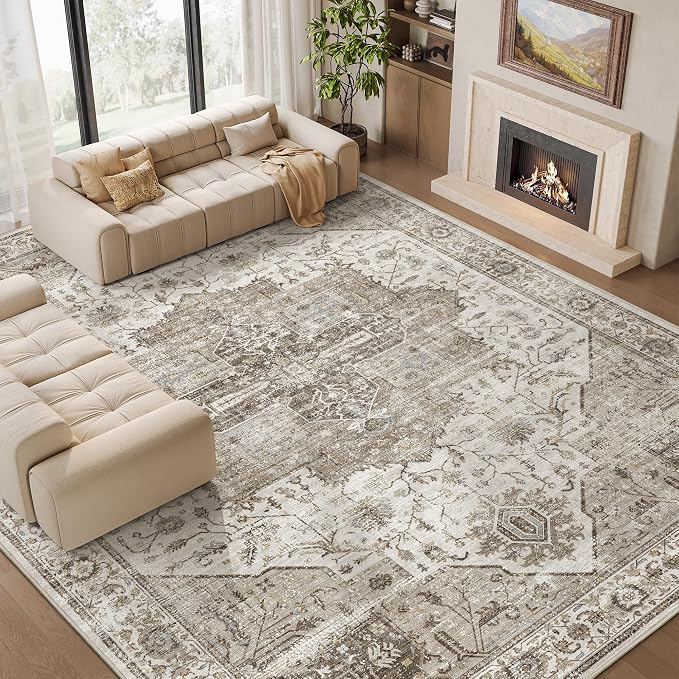 Roxstand 8x10 Washable Area Rug, Large Non Slip Rug, White/Brown | Non-slip Backing, Low-Pile Carpet, Stain Resistant,Rugs for Living Room,Bedroom, Dining Room, Office