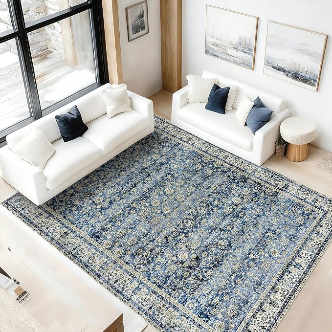 Blue Distressed Carpet Multi Rug Kitchen Living Room Bedroom Dining Room,6x9 Cover Print,Vintage Design Flower Area Rug