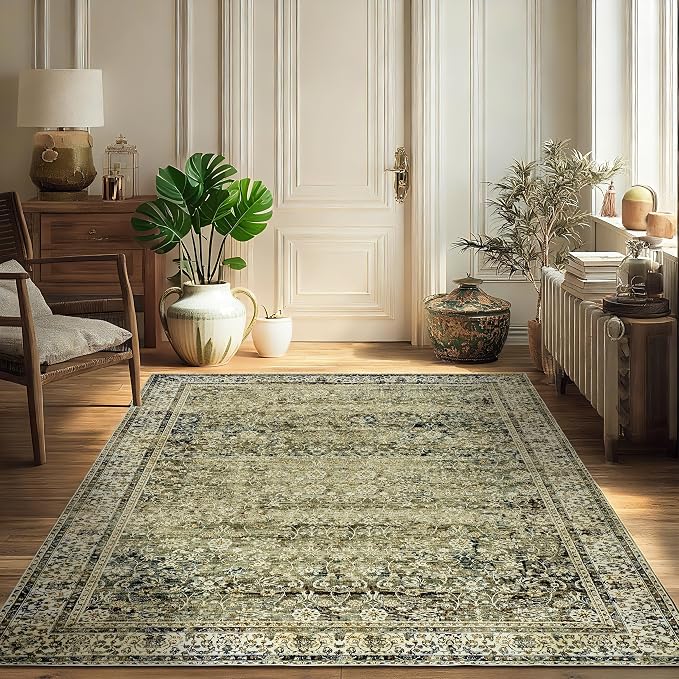 Olive and Tan Boho Front Door Mat for Indoor Entrance Washable Non Slip Cute Vintage Floral Aesthetic Area Rugs for Entryway Entry 4x6