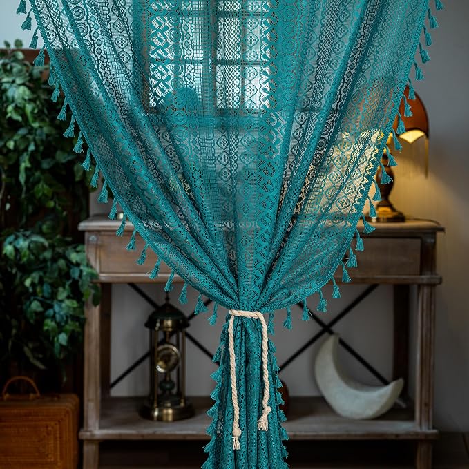 Sutuo Home Boho Sheer Doorway Curtain for Doorway Closet, Lace Door Curtain for Patio Front Door Crochet Vintage Tassels Bohemian Privacy Temporary Room Divider Rod Pocket,1 Panel 37" x 80" Teal