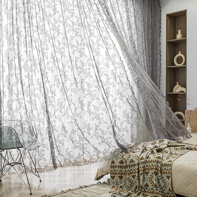 Sutuo Home Lace Curtains 63 Inches Length 2 Panels Set, Gray Sheer Window Floral Vintage Voile Window Panel Treatment for Bedroom/Living Room/Kitchen, Decor Rod Pocket W57 x L63