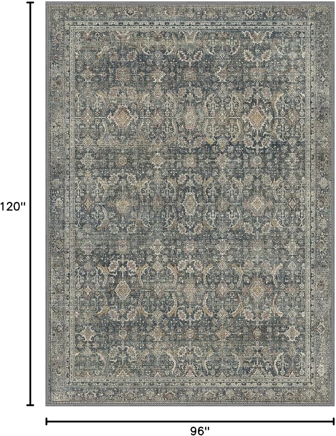 GENIMO 8x10 Area Rugs for Living Room, Machine Washable Non Slip Vintage Rugs, Low Pile Lightweight Chenille Print Rug for Bedroom, Dining Room, Home Office, Deep