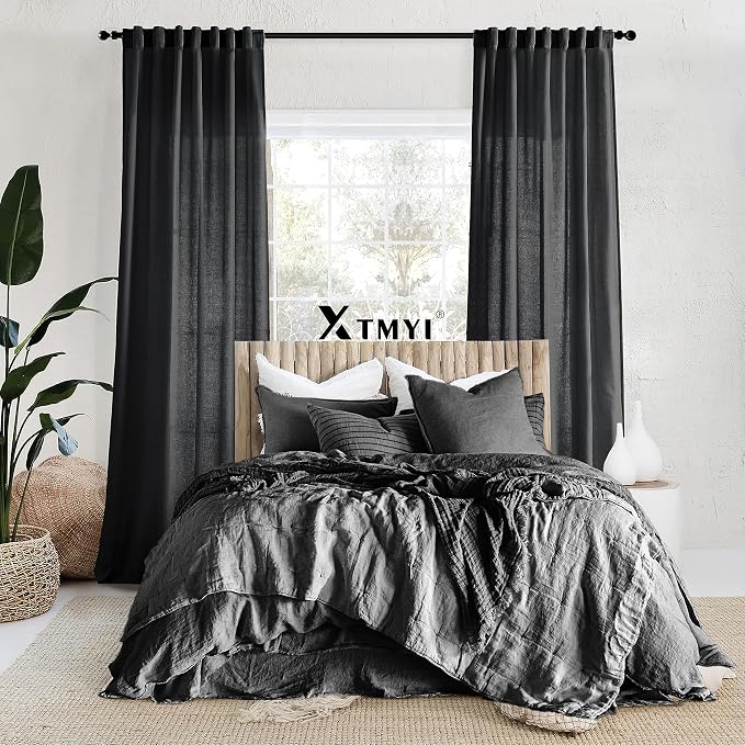 XTMYI Back Tab/Hook Belt Linen Cotton Sheer Curtains for Bedroom,2 Panels,102 Inch Length,Black 50 Inch Wide