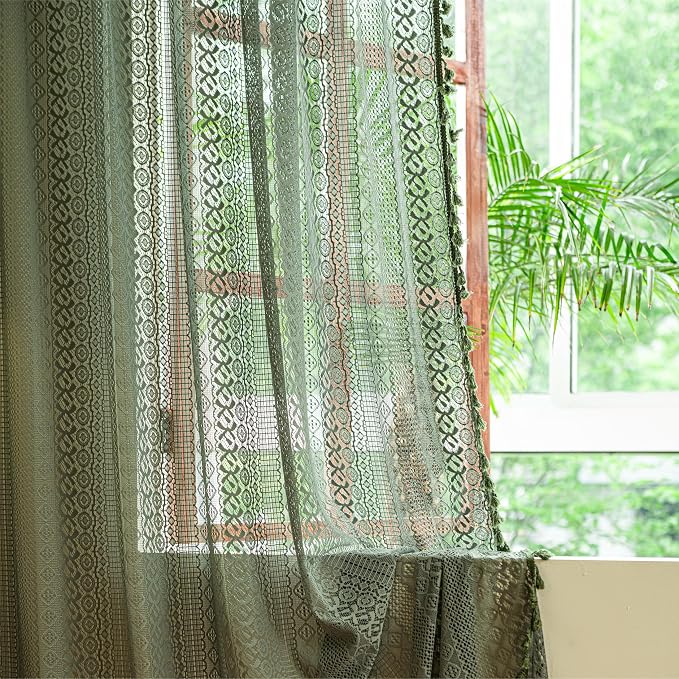 Sutuo Home Olive Green Boho Curtains 90 inches, Crochet Lace Sheer Bohemian Hollow Knitted Handmade Tassels, Privacy Vintage Farmhouse for Bedroom Living Room Easter Decor, 1 Panel 59" W x 90" L