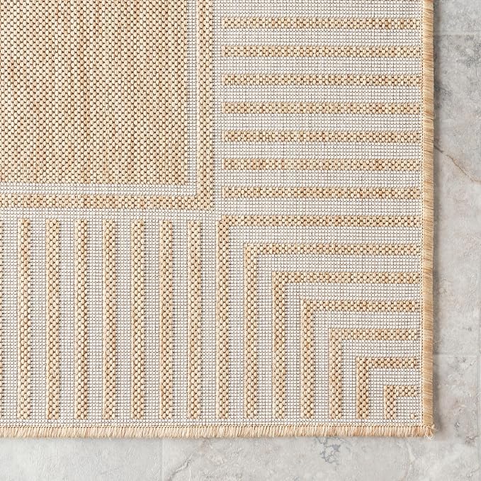 Nuloom Asha Tan/Ivory, 6'7" x 9', Casual, Striped Border, Soft and Cozy, High Traffic, Easy Clean, Durable Area Rug for Indoor/Outdoor Patio, Deck, Porch, Garden, Courtyard