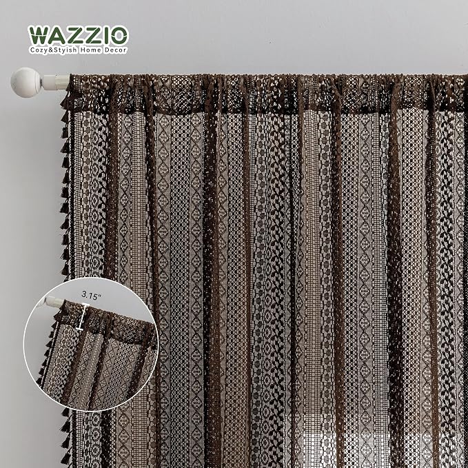 WAZZIO Boho Lace Curtains 84 Inches 2 Panel,Light Filtering Privacy Tassel & Geometry Crochet Semi Sheer Curtain Drapes for Bedroom Living Dining Room,Rod Pocket & Tassel,Chocolate Brown