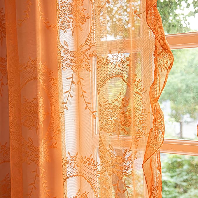 Sutuo Home Lace Curtains 2 Panels for Bedroom Living Room 72 Inches Long, Boho Sheer Panels Floral Embroidery Ruffled Vintage Window Treatment Pair Fall Halloween Decor, Rod Pocket, W57 x L72,Orange