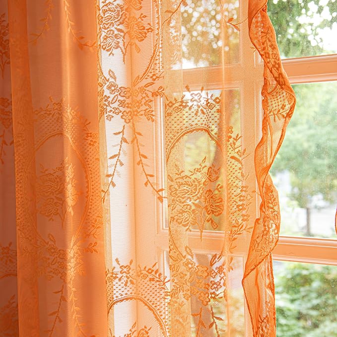 Sutuo Home Lace Curtains for Bedroom Living Room 90 Inches Long 2 Panels, Boho Sheer Rose Floral Embroidery Ruffled Vintage Window Treatment Pair Halloween Decor, Rod Pocket, W57 x L90,Burnt Orange