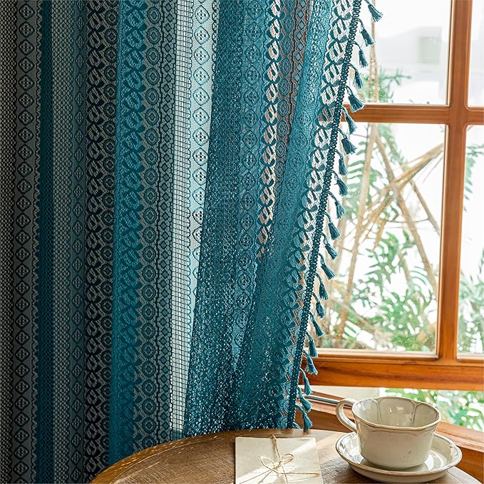 Sutuo Home Boho Curtains 2 Panels for Kitchen Nursery,Turquoise Lace Curtains Semi Sheer Crochet Vintage Hollow Country Tassels Bohemian Drape Privacy Window Treatments Rod Pocket, 50" x 63" Teal