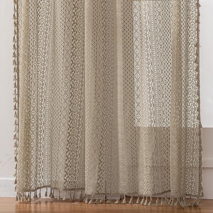 WAZZIO Boho Lace Curtains 84 Inches 2 Panel,Light Filtering Privacy Tassel & Geometry Crochet Semi Sheer Curtain Drapes for Bedroom Living Dining Room,Rod Pocket & Tassel,Earthy Color Taupe
