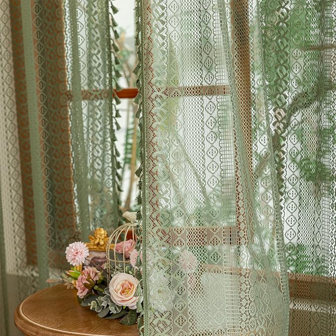 Sutuo Home Olive Green Boho Lace Curtains 84 Inches Long for Living Room&Bedroom, Bohemian Sheer Crochet Farmhouse Vintage Tassels Retro Christmas Privacy Window Curtains Rod Pocket,2 Panels 50" W