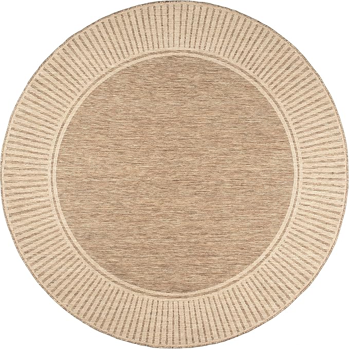 Nuloom Asha Light Brown/Ivory, 6'7" Round, Casual, Striped Border, Soft and Cozy, High Traffic, Easy Clean, Durable Area Rug for Indoor/Outdoor Patio, Deck, Porch, Garden, Courtyard