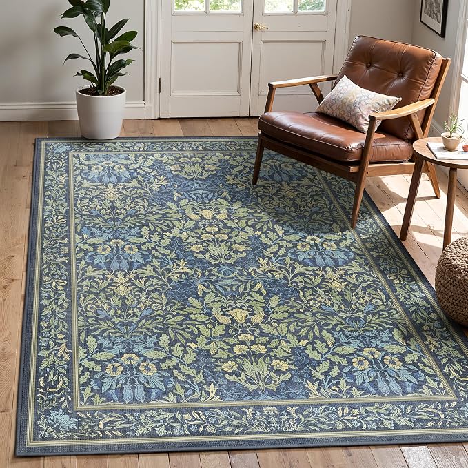 GENIMO 4x6 Washable Area Rug for Bedroom, Non Slip, Dark Blue | Vintage Boho Floral Low Pile Thin Carpet for Bedroom, Dining Room, Nursery, Indoor Decor