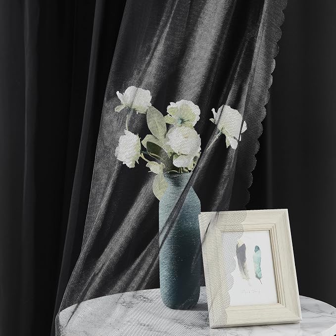 Bujasso Black Full Blackout Curtain Panels with Sheer Overlay Mix and Match Double Layer Thermal Insulated Window Treatment Set for Living Room Black Drapes with Tiebacks Grommet Top 37" Wx95 Lx2