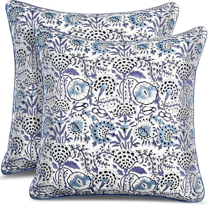 CPC 100% Cotton Throw Pillow Covers 18x18 Inch, Set of 2 Blue Block Print Pattern Couch Pillow, Cute Boho Decorative Pillows for Living Room, Bedroom with Hidden Zipper- Indigo Blue