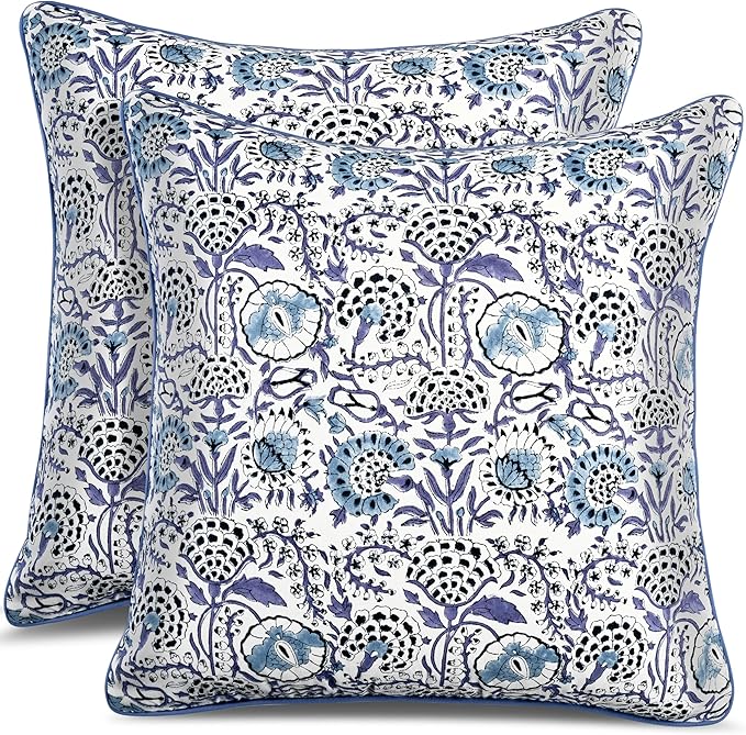CPC 100% Cotton Throw Pillow Covers 24x24 Inch, Set of 2 Blue Block Print Pattern Couch Pillow, Cute Boho Decorative Pillows for Living Room, Bedroom with Hidden Zipper- Indigo Blue
