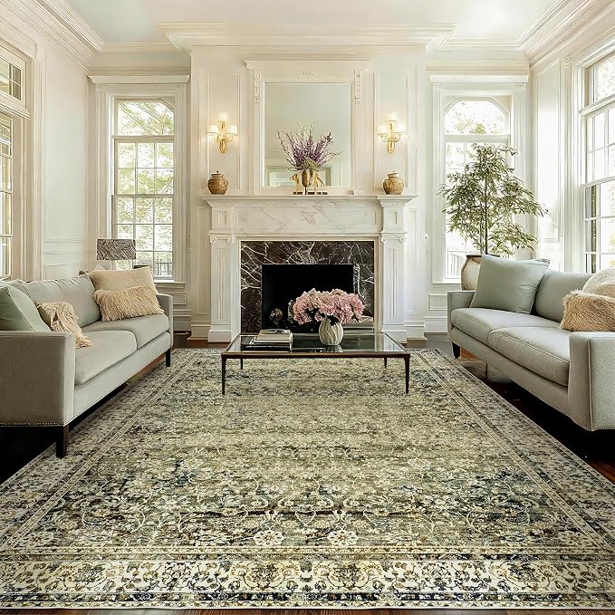 Large Boho Area Rugs 8x10 for Living Room,Low Pile Stain Resistant Neutral Vintage Distressed Style Machine Washable Rugs Carpet for Bedroom Dining Room,Olive Green and Cream
