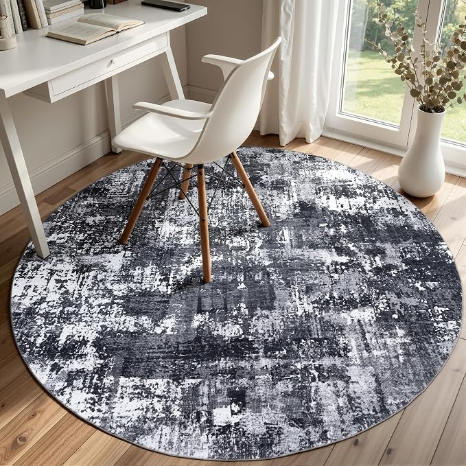 Sasttie 5ft Soft Round Area Rug, Modern Abstract Washable Circle Carpet for Living Room, Bedroom, Dining Room Table, with Non-Slip Backing, Black and White