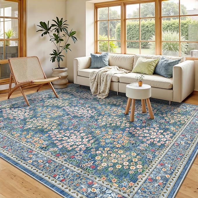 6x9 Area Rugs, Washable Floral Area Rugs for Living Room, Indoor Area Rug for Bedroom, Dining Room, Low Pile Non-Slip Non Shedding Rug(Blue Floral)