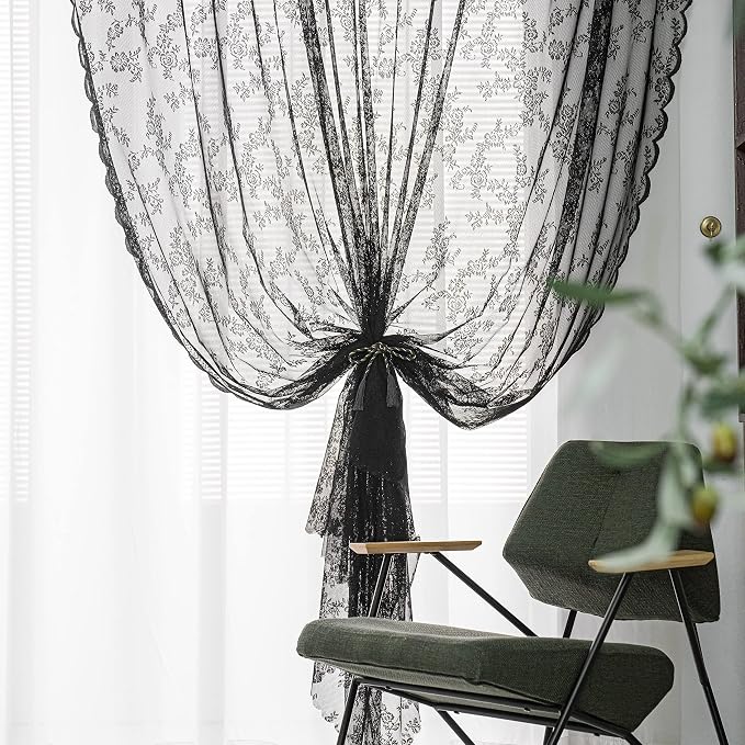 Sutuo Home Black Lace Curtains 96 Inches Long 2 Panels Set, Sheer Panels Gothic Retro Florals Vintage Voile Window Treatment for Bedroom/Living Room/Halloween Decor Rod Pocket W57 x L96