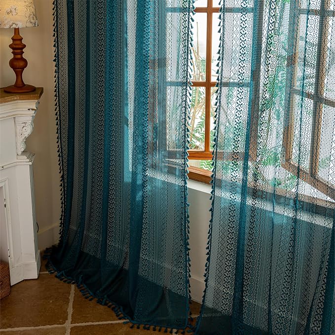 Sutuo Home Boho Lace Teal Curtains 96 inches Long for Living Room Bedroom, Semi Sheer Curtains Turquoise Farmhouse Privacy Crochet Vintage Tassels Window Decor Rod Pocket Decor, 2 Panels 50" W
