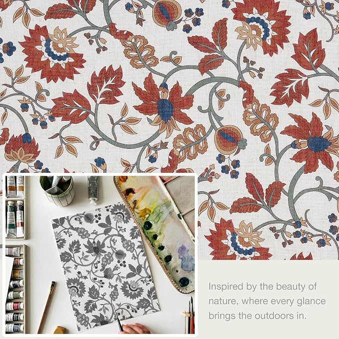 Vision Home Red Floral Pinch Pleat Light Filtering Curtains, Linen Pleated Lined Cottage Drapes Back Tab Hooks for Living Room Bedroom, Vine Botanical Jacobean Print Panels 40x102 Inch Set of 2