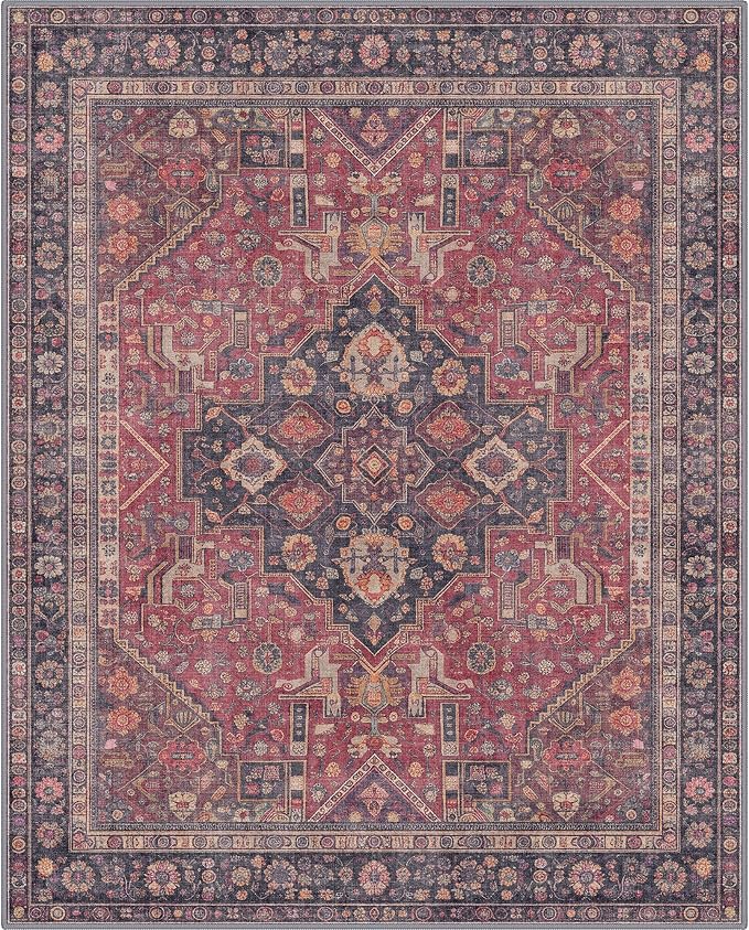 GENIMO 8x10 Area Rugs for Living Room, Machine Washable Non Slip Rugs, Low Pile Lightweight Print Rug for Bedroom, Dining Room, Home Office, Vintage Scarlet