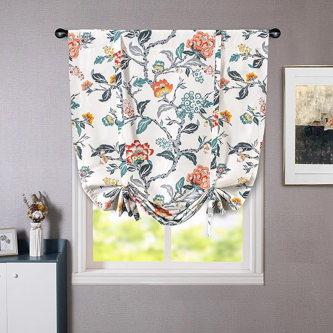 DriftAway Ada Floral Botanical Print Flower Leaf Lined Thermal Insulated Room Darkening Blackout Tie Up Window Curtains 2 Layers Each 39 Inch by 55 Inch Ivory Orange Teal