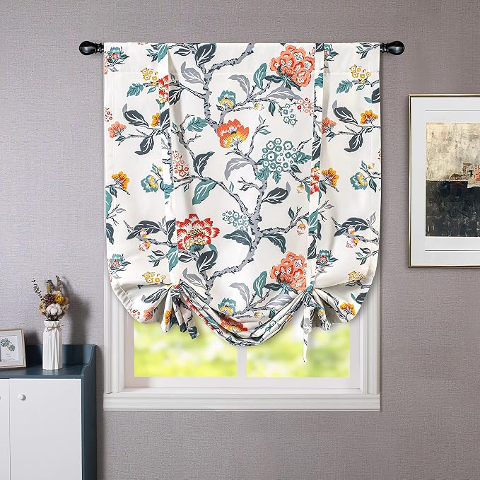 DriftAway Ada Floral Botanical Print Flower Leaf Lined Thermal Insulated Room Darkening Blackout Tie Up Window Curtains 2 Layers Each 31 Inch by 47 Inch Ivory Orange Teal