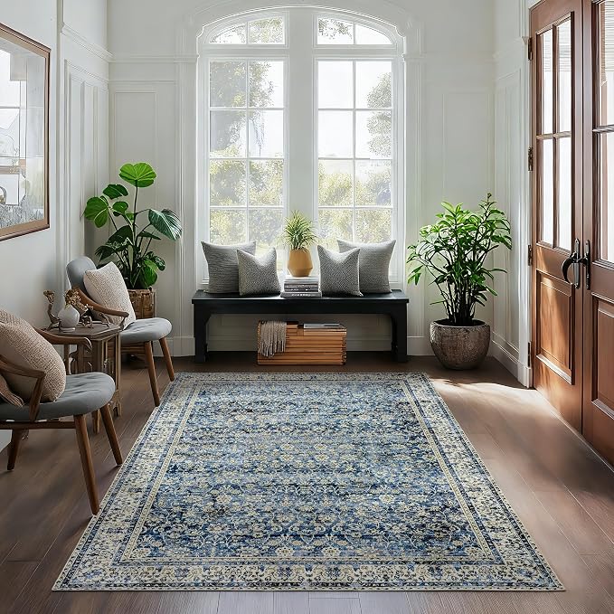 3x5 Front Door Rug Indoor Entrance Blue Bathroom Rugs Non Slip Washable Soft Vintage Boho Distressed Low Pile Carpet with Rubber Backing Dark Blue Rugs for Kitchen Floor Laundry Room 3 x 5