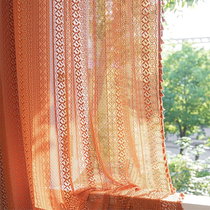 Sutuo Home Boho Curtains 72 inches Long for Bedroom Living Room, Crochet Country Lace Sheer Bohemian Hollow Knitted with Tassels,Window Treatment Drapes, Rod Pocket 1 Panel 59" W x 72" L,Burnt Orange
