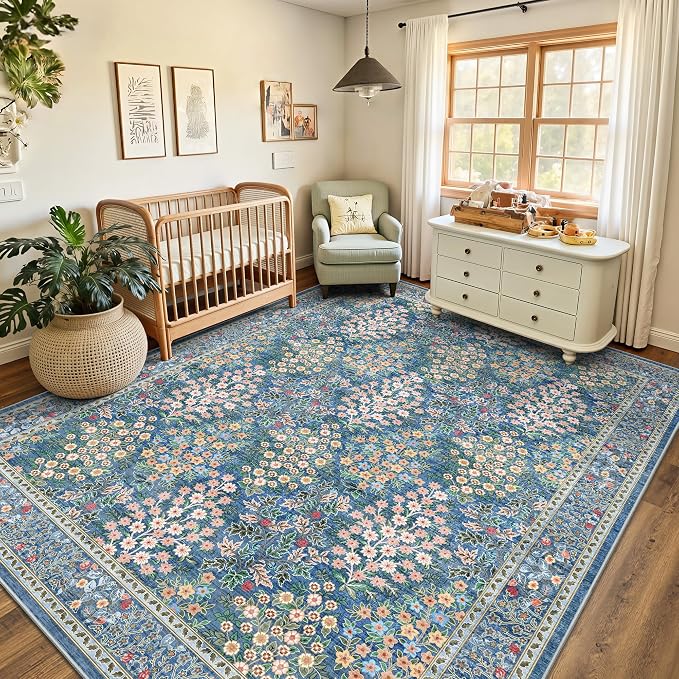 8x10 Area Rugs, Machine Washable Low Pile Floral Rugs for Living Room, Bedroom, Large Boho Area Rug with Non-Slip Backing for Dining Room(Blue Floral)