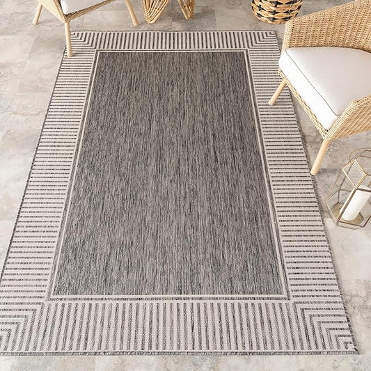 Nuloom Asha Grey/Ivory, 8' x 10', Casual, Striped Border, Soft and Cozy, High Traffic, Easy Clean, Durable Area Rug for Indoor/Outdoor Patio, Deck, Porch, Garden, Courtyard