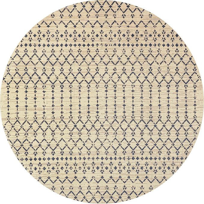 JONATHAN Y Moroccan Geometric Indoor Outdoor Round Area Rug 4 Ft Beige/Navy, Ourika Textured Weave for Backyard, Patio, Porch, Easy-Cleaning, High Traffic, Pet-Friendly, Non-Shedding (SMB108H-4R)